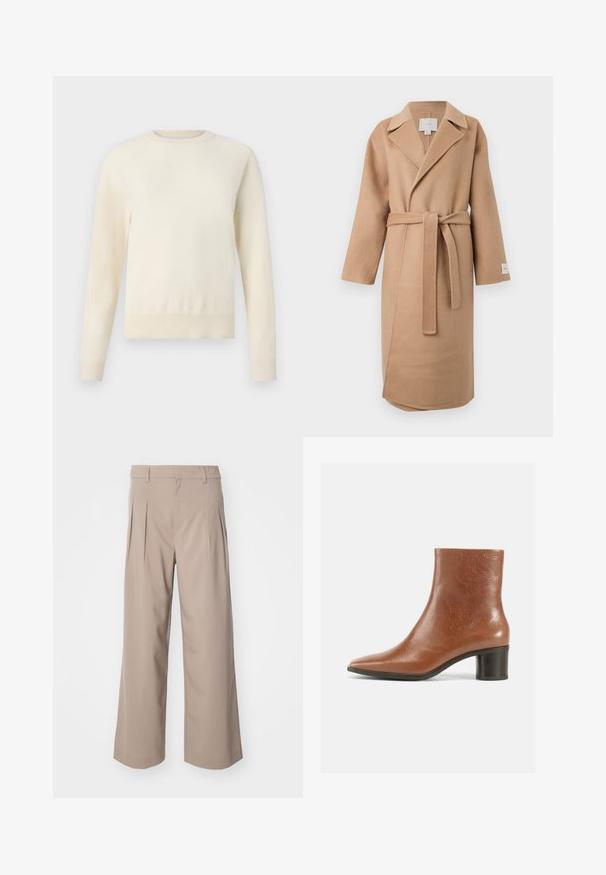 Beige uldblandede indpakningsfrakke med en klippet krave, lange ærmer og et matchende bælte. Har et sideslids og et mærke på ærmet.; Lys cremefarvet sweater med lange ærmer, rund halsudskæring og ribbenet kant. Lavet af et blødt materiale med en glat tekstur.; Beige brede bukser med læg, lavet af glat stof. Har en mellemhøj talje og en ren, skræddersyet silhuet.; Brun læder ankelstøvle med spids tå, tekstureret finish og en medium blokhæl. Enkel design uden synlige beslag eller mønstre.