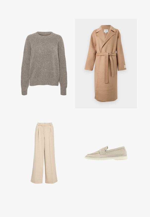 Manteau en mélange de laine beige avec un col cranté, des manches longues et une ceinture assortie. Possède une fente latérale et une étiquette de marque sur la manche.; Pull en maille gris clair avec un col rond, des manches longues et une finition texturée subtile. Aucun motif ou accent visible.; Pantalons larges beige clair en tissu texturé, avec une taille haute, des plis avant et des poches latérales pour plus de fonctionnalité.; Mocassin en suède beige clair avec une semelle blanche basse, un bout arrondi et une lanière cousue sur le dessus.