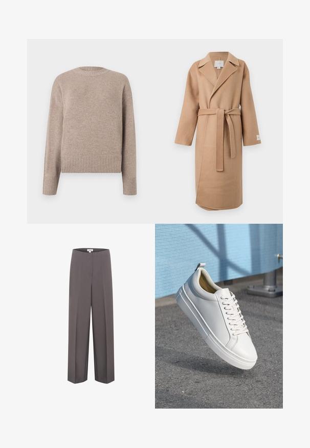 Manteau en mélange de laine beige avec un col cranté, des manches longues et une ceinture assortie. Possède une fente latérale et une étiquette de marque sur la manche.; Pull en tricot beige avec un col rond, des poignets et un ourlet côtelés. Texture douce et coupe décontractée, adapté pour un usage décontracté.; Pantalons amples gris avec une texture lisse, présentant un devant plat et sans poches visibles, fabriqués dans un tissu léger.; Baskets blanches en cuir avec des lacets plats, bout rond, semelle en caoutchouc et une petite languette au talon. Texture lisse avec des détails de design minimalistes.
