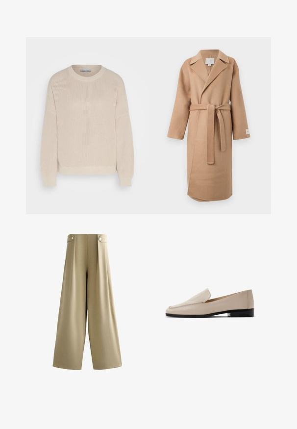 Beige uldblandede indpakningsfrakke med en klippet krave, lange ærmer og et matchende bælte. Har et sideslids og et mærke på ærmet.; Anna Field by Zalando Striktrøje - grey; Beige bukser med vide ben, højtaljede og med knappede stropper på hver side af taljebåndet, glat front og fuld længde benafslutning.; Beige læderloafers med en glat tekstur, rund tå og minimal syning. Med en lav sort hæl og slip-on design.