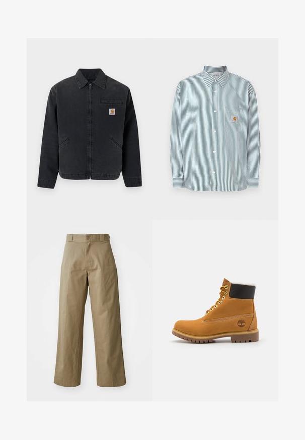 Mørk denimjakke med lynlås foran, spids krave, to sidelommer og en brystlomme med et logo-patch. Glat tekstur.; Stribet skjorte i grøn og hvid med knappet krave, lange ærmer, brystlomme og et lille logomærke.; Khaki bredde ben bukser lavet af bomuldsblandingsstof, med en enkelt knaplukning og synlige sidelommer. Glat tekstur, plisseret detalje.; Brune læder ankelstøvle med metaløjer, hvid pelsforing, sort polstret krave, robust sål og præget logo på siden.