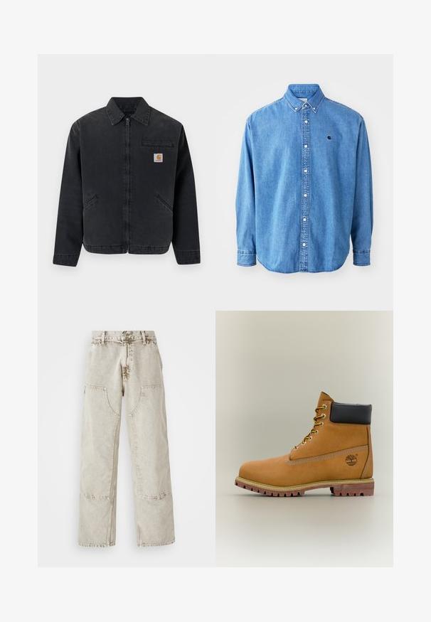 Mørk denimjakke med lynlås foran, spids krave, to sidelommer og en brystlomme med et logo-patch. Glat tekstur.; Denim button-down skjorte, lyseblå i farven, med krave, lange ærmer og et lille logo på brystet. Har hvide knapper og syninger.; Lys beige bredbenede jeans lavet af denim, med store lommeapplikationer, kontrastsyet og en let falmet tekstur.; Brun læderankelstøvle med sort krave, gule snørebånd og tanfarvet sål. Har logo og hvide syninger som detalje. Robust ydersål med greb.