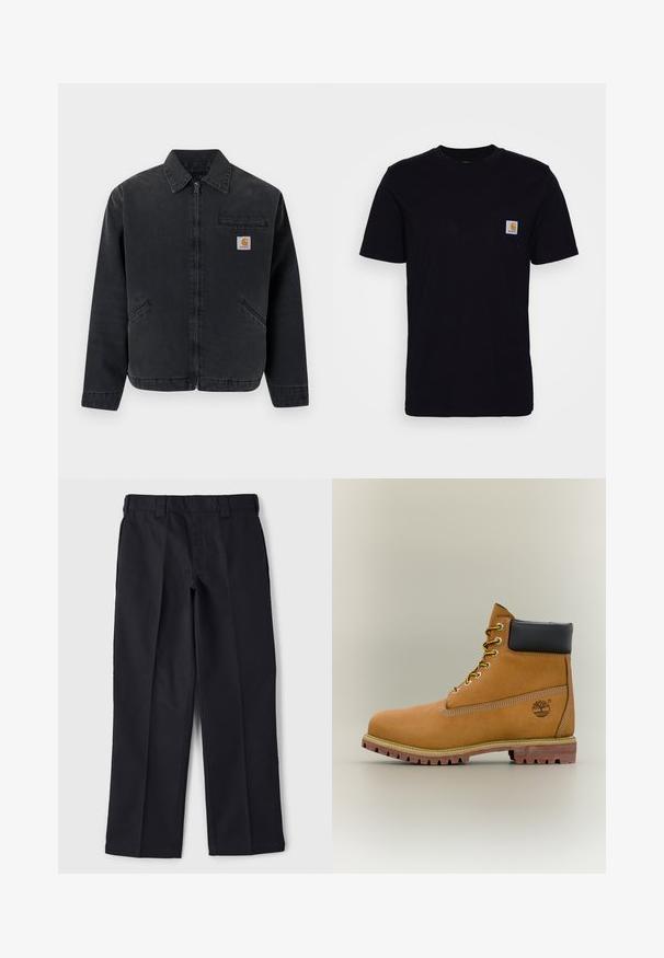 Mørk denimjakke med lynlås foran, spids krave, to sidelommer og en brystlomme med et logo-patch. Glat tekstur.; Sort bomulds T-shirt med korte ærmer, rund hals og en brystlomme, der har et lille, kvadratisk logo-patch. Enkel, ensfarvet design.; Sorte bukser lavet af slidstærkt stof, med en lige pasform, taljebånd med bæltesløjfer og uden synlige lommer eller dekorationer.; Brun læderankelstøvle med sort krave, gule snørebånd og tanfarvet sål. Har logo og hvide syninger som detalje. Robust ydersål med greb.