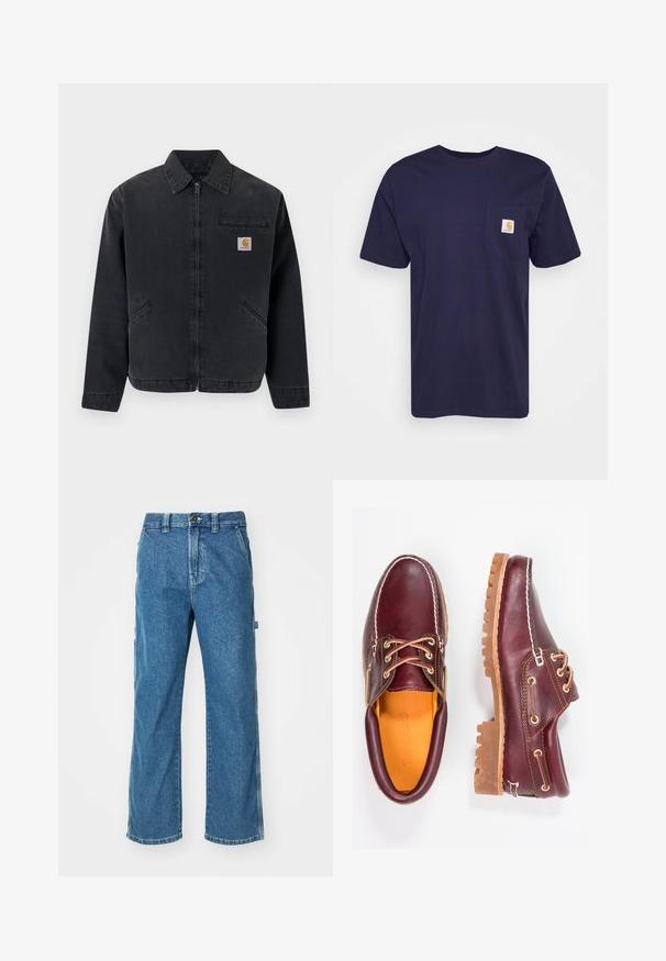 Donkere spijkerjas met een ritssluiting aan de voorkant, een puntkraag, twee zijzakken en een borstzak met een logopatch. Gladde textuur.; Navyblauwe katoenen t-shirt met korte mouwen, ronde hals en linkerkant borstzak met een geel en wit Carhartt-logo erop geborduurd.; Blauwe denim cargobroek met een relaxed fit, voorzien van zijzakken, een rits en contrasterende stiksels op de naden.; Bordeaux leren schoenen met bruine rubberen zolen, ronde neus, witte stiksels en gouden veterogen. Het interieur heeft een gele voering.