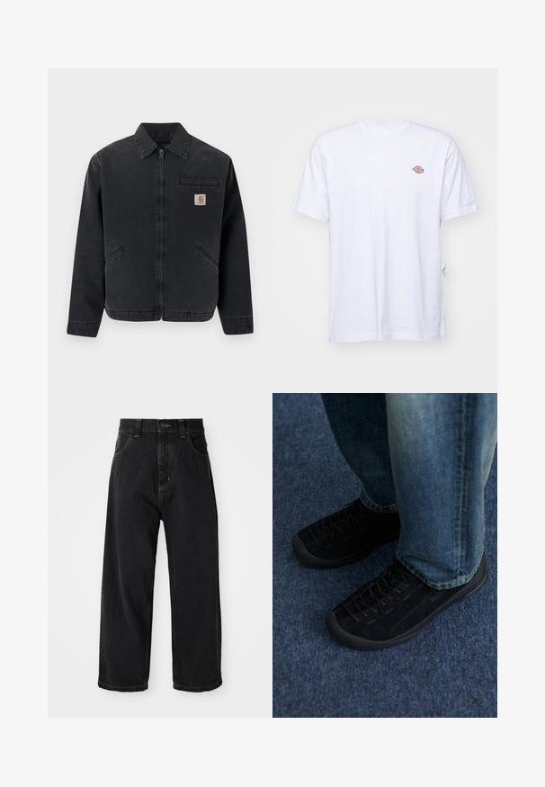 Mørk denimjakke med lynlås foran, spids krave, to sidelommer og en brystlomme med et logo-patch. Glat tekstur.; Hvid bomulds t-shirt med v-hals og korte ærmer. Har et lille farverigt broderet logo på venstre bryst. Blød tekstur.; Sorte denim jeans med vide ben og høj talje, frontknap, lynlås samt gule syninger på lommer og sømme.; Sorte ruskindssneakers med tekstureret overflade, diskret snøring og holdbare gummisåler, parret med blå denim jeans.