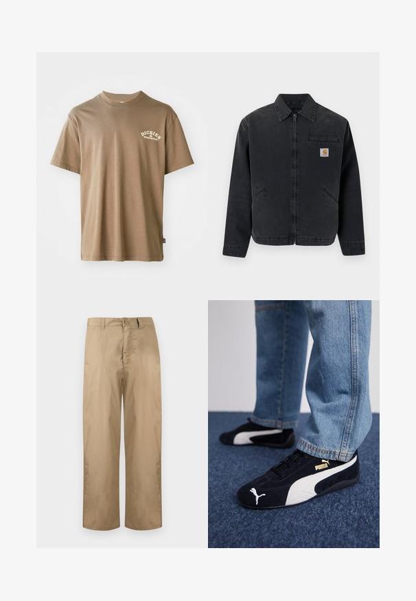 Dunkle Jeansjacke mit einem vorderen Reißverschluss, spitzem Kragen, zwei Seitentaschen und einer Brusttasche mit einem Logo-Patch. Glatte Textur.; Braunes Baumwoll-T-Shirt mit Rundhalsausschnitt, kurzem Arm und einem weißen Logo mit der Aufschrift "Dickies Workwear" auf der linken Brustseite.; Beige Hose mit geradem Bein, Gürtelschlaufen, Knopfverschluss und Reißverschluss, auf einem schlichten hellen Hintergrund dargestellt.; Schwarze Wildledersneaker mit weißen Akzenten und einem goldenen Logo. Getragen mit hellblauen Jeans und auf einer strukturierten blauen Oberfläche platziert.