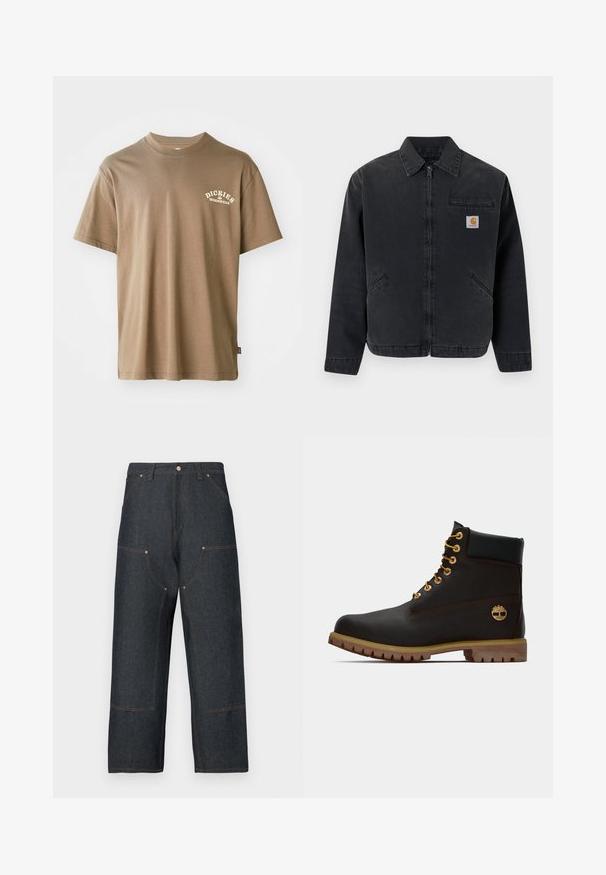 Chaqueta de mezclilla oscura con cremallera frontal, cuello de pico, dos bolsillos laterales y un bolsillo en el pecho con parche de logo. Textura suave.; Camiseta de algodón marrón con cuello redondo, mangas cortas y un logo blanco que dice "Dickies Workwear" en el lado izquierdo del pecho.; Vaqueros de mezclilla azul oscuro con diseño de pierna ancha, que presentan costuras contrastantes en color naranja, bolsillos delanteros y un cierre clásico de botón.; Bota de cuero negro de tobillo con ojales dorados, acentos marrones y suela de goma. Presenta un cuello acolchado y un logotipo en relieve en el costado.