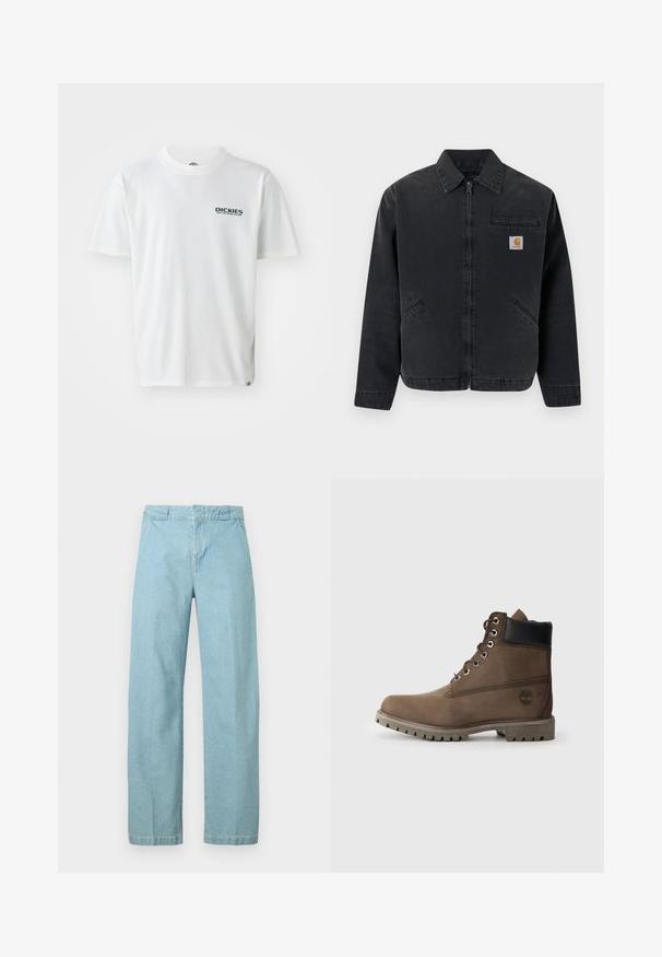 Dunkle Jeansjacke mit einem vorderen Reißverschluss, spitzem Kragen, zwei Seitentaschen und einer Brusttasche mit einem Logo-Patch. Glatte Textur.; Weißes Baumwoll-T-Shirt mit kurzen Ärmeln, das auf der linken Brust ein grünes "DICKIES ON THE ROAD AGAIN"-Logo zeigt. Standard Design mit Rundhalsausschnitt.; Hellblaue Jeanshose mit geradem Bein, ausgestattet mit einem normalen Bund und minimalen Nahtdetails. Glatte Textur und klassischer Schnitt.; Braune Leder-Stiefelette mit schwarzem Kragen, Metallösen und robustem grauen Sohlen. Verfügt über ein Logo an der Seite und genähten Details.