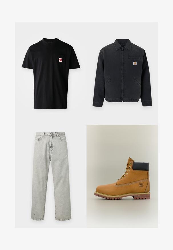 Dunkle Jeansjacke mit einem vorderen Reißverschluss, spitzem Kragen, zwei Seitentaschen und einer Brusttasche mit einem Logo-Patch. Glatte Textur.; Schwarzes Baumwoll-T-Shirt mit rundem Halsausschnitt, kurzen Ärmeln und einer linken Brusttasche, die mit einem roten Herz-Patch und weißem Text versehen ist.; Hellgraue, hoch taillierte Jeans mit geradem Bein, Fronttaschen, Gürtelschlaufen und einem Knopfverschluss, dargestellt vor einem weißen Hintergrund.; Brauner Leder-Stiefelette mit schwarzem Kragen, gelben Schnürsenkeln und hellbrauner Sohle. Verfügt über ein Logo und weiße Ziernähe. Robuste Profilsohle.