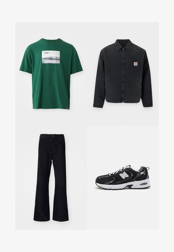 Mørk denimjakke med lynlås foran, spids krave, to sidelommer og en brystlomme med et logo-patch. Glat tekstur.; Grøn bomulds t-shirt med korte ærmer, der har et kvadratisk grafikprint af et sort-hvidt foto og logo på forsiden.; Sorte, bomuldsforlængede bukser med en traditionel linning, enkelt forreste knap og lommer på siderne og bagpå. Glat tekstur.; Sorte og grå sportssko med mesh og ruskind på overdelen, der har en hvid mellemsål, snørebånd og et iøjnefaldende "N" logo på siden.
