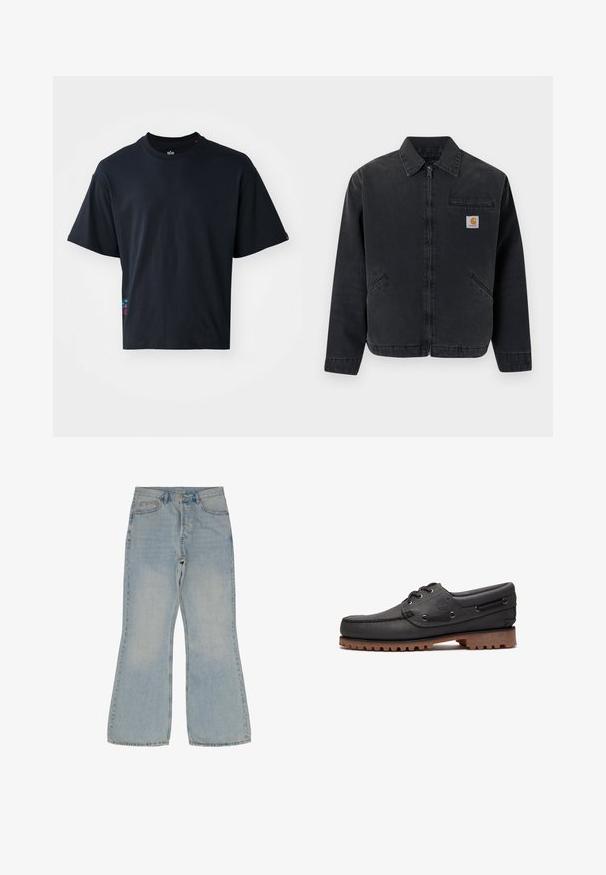 Dunkle Jeansjacke mit einem vorderen Reißverschluss, spitzem Kragen, zwei Seitentaschen und einer Brusttasche mit einem Logo-Patch. Glatte Textur.; Schwarzes Kurzarm-T-Shirt aus Baumwolle mit einem klassischen Rundhalsausschnitt und einem kleinen bunten Logodetail an der Seite.; Helleblaue Schlagjeans aus Denim. Verfügt über fünf Taschen, einen Knopfverschluss und kontrastierende Nähte entlang der Nähte.; Schwarzes Bootsschuh aus Leder mit Schnürdetails, rundem Zehenbereich, strukturierter brauner Gummisohle und genähten Lederseiten.