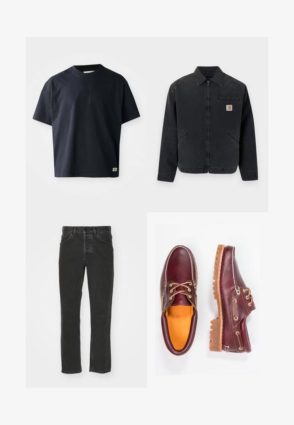 Mørk denimjakke med lynlås foran, spids krave, to sidelommer og en brystlomme med et logo-patch. Glat tekstur.; Marineblå kortærmet T-shirt med rund hals og et lille rektangulært brandlogo nær den nederste søm på forsiden til højre.; Sorte denim jeans med lige ben, klassisk fem-lomme design, knaplukning i taljen og en falmet overflade. Glat tekstur, ingen synlige mønstre.; Bordeaux lædersko med brune gummisåler, rund tå, hvid syning og gyldne snøringer. Indersiden har et gult for.