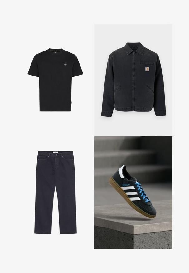 Dunkle Jeansjacke mit einem vorderen Reißverschluss, spitzem Kragen, zwei Seitentaschen und einer Brusttasche mit einem Logo-Patch. Glatte Textur.; Schwarzes Baumwoll-T-Shirt mit Rundhalsausschnitt und kurzen Ärmeln, mit einer kleinen grünen Palmbaum-Stickerei auf der linken Brust.; Dunkelblaue Denim-Jeans mit geradem Bein, fünf Taschen und einer klassischen Knopf- und Reißverschlussöffnung. Merkmale sind kontrastierende Nähte.; Schwarzer Adidas-Sneaker mit weißen Streifen, blauen Schnürsenkeln und Gummisohle, der über einer grauen Betontreppe im weichen Licht schwebt.