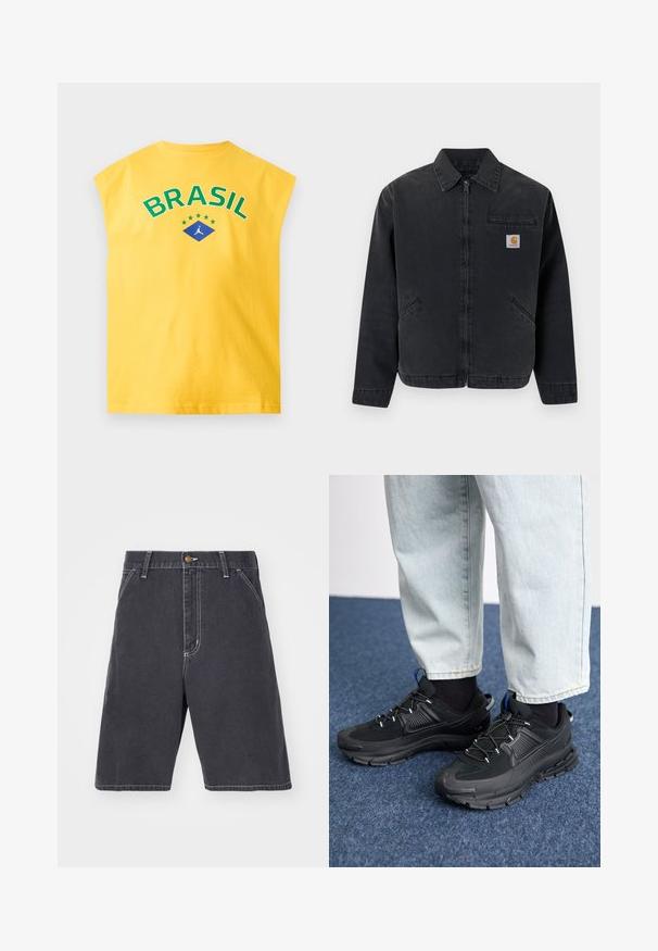 Veste en denim foncé avec une fermeture éclair frontale, col pointu, deux poches latérales et une poche poitrine ornée d'un patch logo. Texture lisse.; T-shirt jaune sans manches avec « BRASIL » en vert au-dessus de six étoiles et un losange bleu avec un logo en silhouette blanche.; Shorts en denim gris foncé avec une coupe décontractée, dotés d'une fermeture à bouton, de passants de ceinture et de coutures blanches discrètes. Poches non visibles.; Des chaussures de sport noires avec un tissu texturé et des semelles en caoutchouc, dotées de lacets élastiques et d'un accent bleu au talon. Portées avec un pantalon en denim clair.
