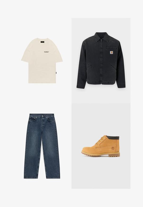 Veste en denim foncé avec une fermeture éclair frontale, col pointu, deux poches latérales et une poche poitrine ornée d'un patch logo. Texture lisse.; T-shirt en coton beige avec un col rond, au design surdimensionné, et un logo imprimé noir sur la poitrine gauche. Manches courtes à coupe droite.; Jean en denim bleu foncé à jambes droites avec cinq poches et fermeture par boutons, étalé à plat sur un fond blanc.; Bottes mi-hautes en cuir tan avec bout rond, accents marron, œillets en métal jaune et semelle robuste. Logo Timberland embossé sur le côté.