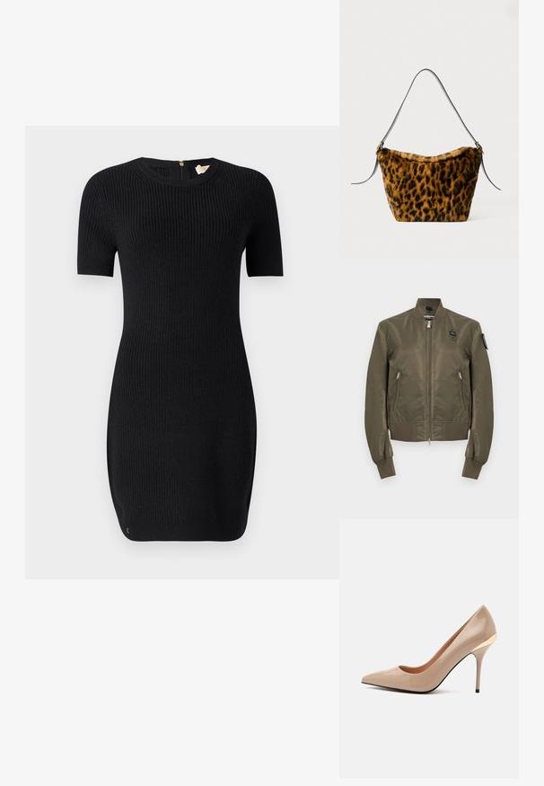 Veste bomber vert olive avec fermeture éclair frontale, deux poches zippées, poignets, ourlet et col côtelés, et petites écussons noirs sur la poitrine et la manche.; Robe noire en tricot avec une texture côtelée, manches courtes et col rond. Elle possède une fermeture éclair dans le dos et a une coupe ajustée.; Escarpin beige brillant à talon haut avec bout pointu et talon fin, avec un petit détail doré près du talon sur un fond gris clair uni.; Sac en peluche imitation fourrure à motifs léopard avec une texture douce, une forme légèrement conique et une bandoulière en cuir noir avec des accents en métal doré.