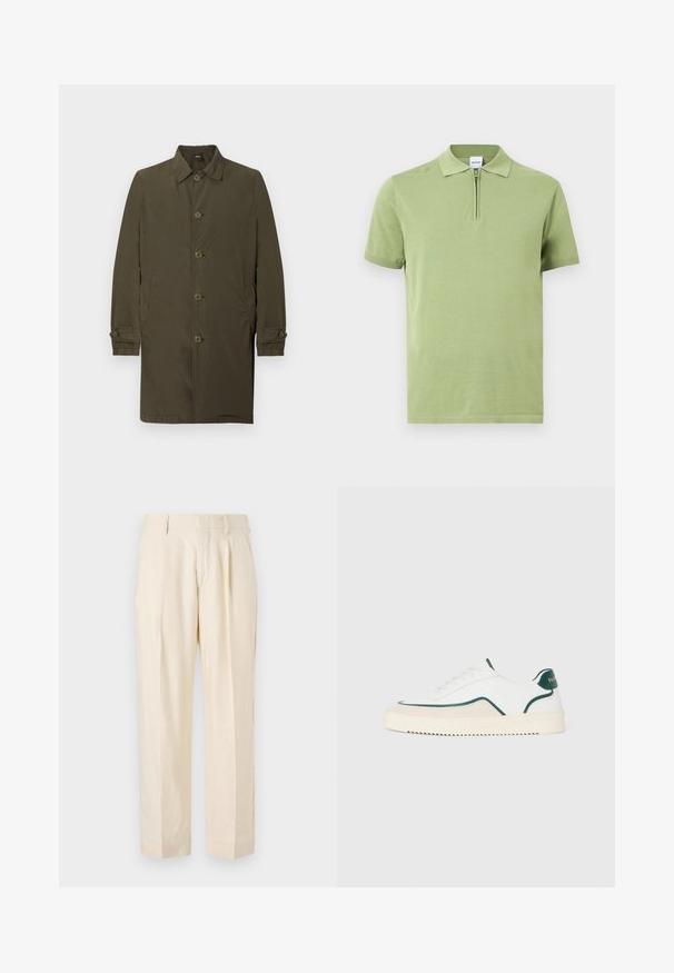 Manteau pour homme vert olive foncé longueur genou avec cinq boutons sur le devant, un col, des poches latérales et des poignets boutonnés sur des manches longues.; Polo manches courtes vert clair avec col et fermeture éclair à l'avant, présenté à plat sur un fond blanc.; NN.07 KAY - Pantalon classique - off white; Baskets basses blanches avec des bords verts, des détails en suède beige et une semelle de couleur crème avec un fond rainuré.