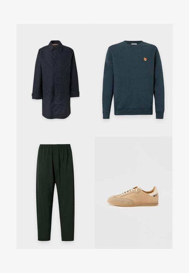 Mørk marineblå herre lang frakke med krave, knapmanchetter, to sidelommer og skjulte forknapper.; Mørk teal sweatshirt lavet af blødt stof. Rund halsudskæring, lange ærmer, med et lille broderet rævehoveddetalje på brystet.; Sorte lige bukser med elastisk talje og en glat stoffinish, vist mod en enkel hvid baggrund.; Beige ruskindssneaker med perforerede detaljer, cremefarvede snørebånd og en tekstureret tan-sål, med en farvekontrast accent på hælen.