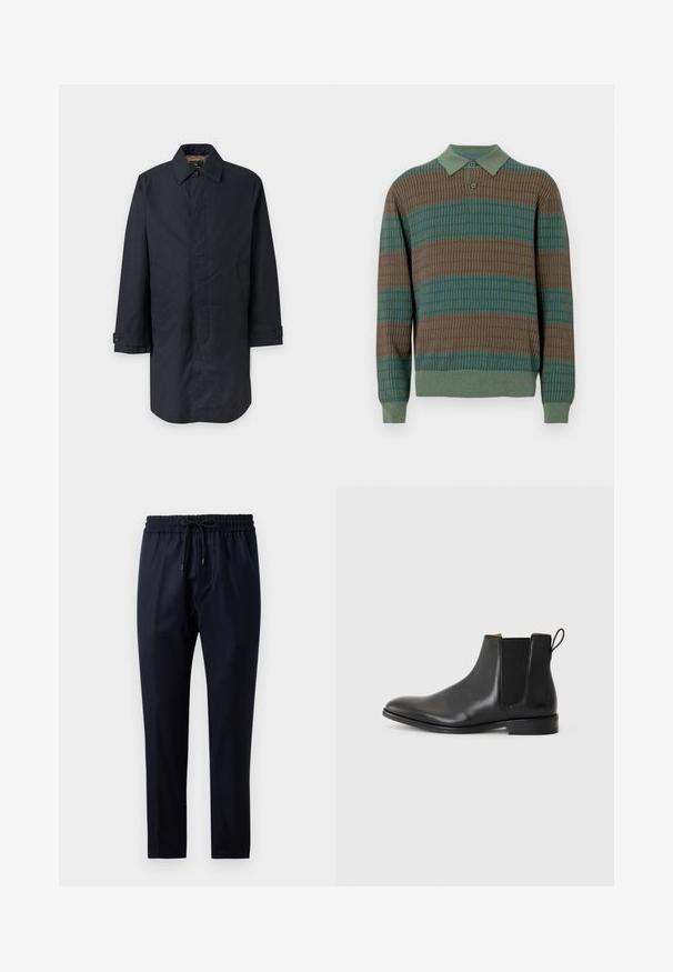 Long manteau bleu marine foncé pour homme avec col, poignets boutonnés, deux poches latérales et boutons avant dissimulés.; Pull polo tricoté avec un motif texturé comportant des rayures marron et bleu sarcelle, un col vert et une patte de boutonnage à deux boutons. Manches longues avec poignets côtelés.; Pantalon bleu marine en tissu doux, avec une taille élastique et un cordon de serrage, coupe droite et sans motifs ni accents visibles.; JOOP! PERO KLEITOS CHELSEA - Bottines - black