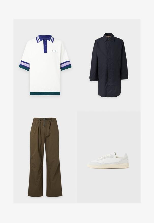 Long manteau bleu marine foncé pour homme avec col, poignets boutonnés, deux poches latérales et boutons avant dissimulés.; Polo blanc en maille texturée. Col bleu marine à rayures avec accents rayés en violet et vert sur les manches. Marquage brodé.; Pantalon décontracté vert olive avec taille élastique et cordon de serrage à l'avant, coupe droite et coupe décontractée.; Baskets blanches avec dessus en daim et cuir texturé. Caractérisées par un bout arrondi, une fermeture à lacets et une semelle en caoutchouc beige contrastante.