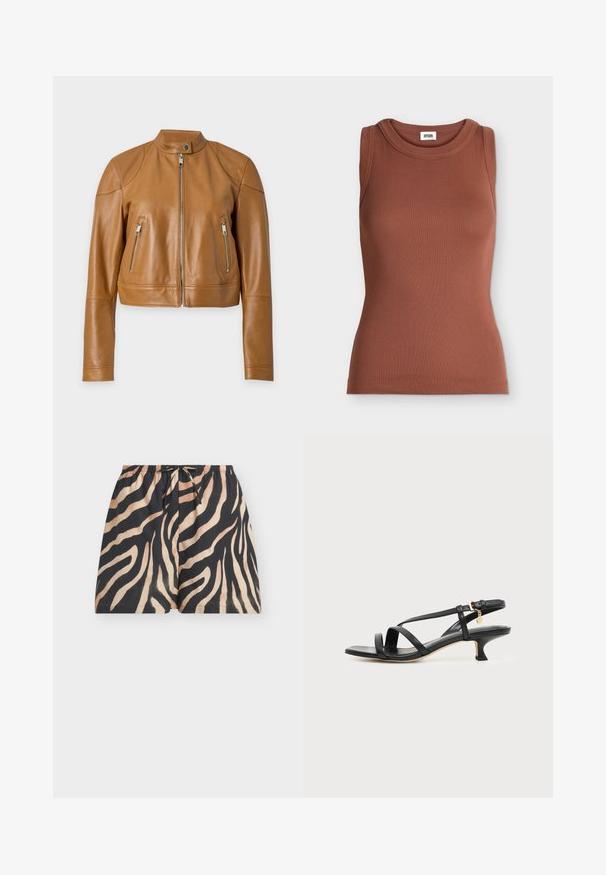 Veste en cuir marron avec fermeture éclair frontale, col montant avec bouton-pression et deux poches verticales zippées sur un fond uni.; Débardeur marron slim fit en côtes sans manches avec encolure ronde et étiquette de marque à l’intérieur du col.; Shorts zébrés noirs et fauves avec une ceinture élastique et un cordon de serrage à l'avant, présentés sur un fond clair uni.; Sandale noire en cuir à brides fines, talon bas kitten, boucle à la cheville et petit pendentif doré sur fond clair uni.
