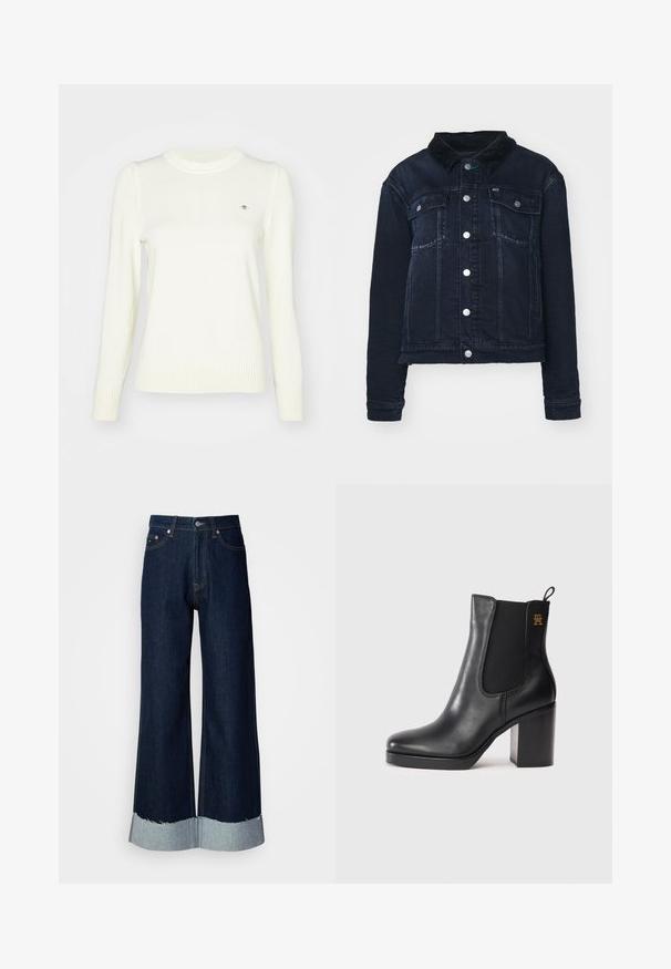 Mørk denimjakke med en kordfløjlskrave, der har sølvfarvede trykknapper, forlommer og et cropped design. Glat tekstur med let udtværing.; Lyscreme sweater, strikket tekstur, crew neck, lange ærmer, ribbede manchetter og søm. Diskret logodetalje på brystet.; Vide ben mørke denim jeans med en frynset, lys denim kant. Har klassisk fem-lomme stil og metalhardware i taljen.; Sorte læder ankelstøvle med blokhæl, elastisk sidesk panel, trække-løkke og lille guldlogo på den øverste side.