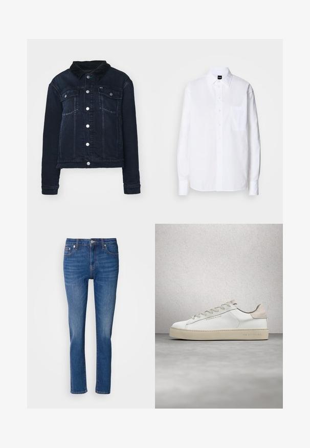 Mørk denimjakke med en kordfløjlskrave, der har sølvfarvede trykknapper, forlommer og et cropped design. Glat tekstur med let udtværing.; Hvid skjorte med knapper lavet af bomuld, med klassisk krave, lange ærmer, en brystlomme og en glat, sprød tekstur.; Blå denim lige ben jeans med klassisk fem-lomme design og frontknaplukning, præsenteret på en hvid baggrund.; Hvide lædersneakers med en glat overflade, beige ruskindsdetaljer, rund tå, flad snørebåndsdesign og en struktureret gummisål.