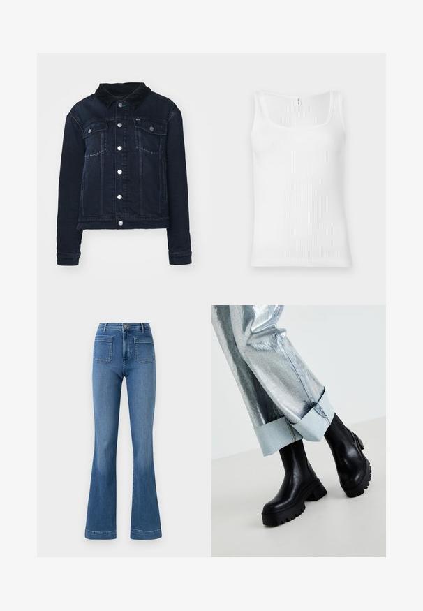 Dunkelblaue Jeansjacke mit einem Cordkragen, ausgestattet mit silbernen Druckknöpfen, Fronttaschen und einem cropped Design. Glatte Textur mit subtiler Verblassung.; Weißes geripptes Tanktop mit rechteckigem Ausschnitt und breiten Trägern. Der Stoff hat ein strukturiertes, dehnbares Aussehen.; Ausgestellte blaue Jeans aus Denim mit normaler Bundhöhe, ausgestattet mit zwei Gesäßtaschen und einer sauberen Saumlinie. Glatte Textur und klassisches Design.; Schwarze klobige Knöchelstiefel mit strukturierten Sohlen, getragen mit silbernen metallischen Hosen, die einen hellen Denim-Bund umfassen. Minimalistisches Design, elegante Materialien.