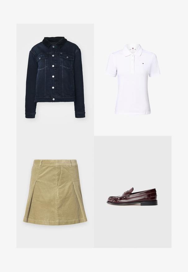 Donkerdenim jack met een corduroy kraag, voorzien van zilveren drukknoopjes, voorkruiken en een kort ontwerp. Soepele textuur met subtiele vervaging.; Witte polo met korte mouwen, knoopsluiting en een klein geborduurd embleem in rood, wit en blauw op de linkerborst.; Katoenen rok in licht olijfgroen met verticale ribbeltextuur, met een uitlopende vorm en twee zijsplitten voor bewegingsvrijheid.; Bordeaux leren penny loafer met zwarte zool en goudkleurig metalen detail op de vamp, weergegeven in zijaanzicht op een witte achtergrond.