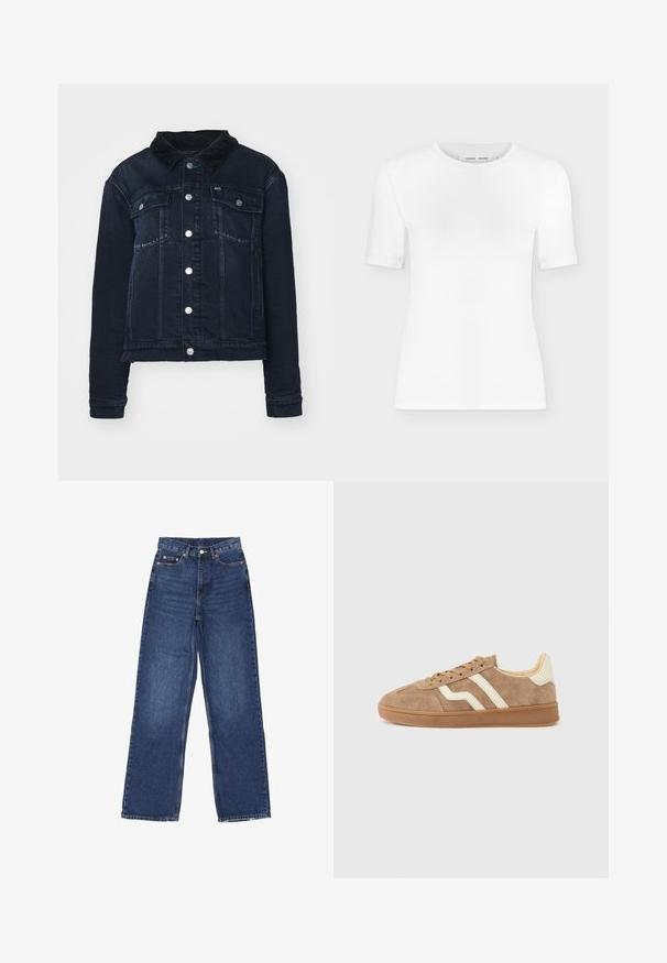 Dunkelblaue Jeansjacke mit einem Cordkragen, ausgestattet mit silbernen Druckknöpfen, Fronttaschen und einem cropped Design. Glatte Textur mit subtiler Verblassung.; Weißes T-Shirt mit kurzen Ärmeln und Rundhalsausschnitt, schlanker Passform und gerippter Stoffstruktur, dargestellt vor einem schlichten hellgrauen Hintergrund.; Weite blaue Jeans mit hoher Taille, Knopfverschluss, fünf Taschen und subtilen Verwaschungen auf dem Stoff.; Brauner Wildleder-Sneaker mit weißen Akzentstreifen, rundem Zehenbereich, beigem Innenfutter und Gummisohle. Schnürsenkel mit strukturierter Oberfläche.