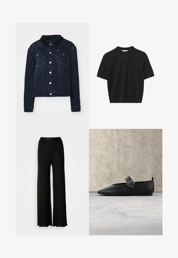 Veste en denim foncé avec un col en velours côtelé, dotée de boutons pression en métal, de poches avant et d'un design cropped. Texture lisse avec un léger délavage.; Pull noir à manches courtes en maille, avec col rond et poignets et ourlet côtelés, présenté sur un fond blanc.; Pantalons noirs à jambes larges avec une ceinture lisse, comportant des côtes verticales discrètes et des ourlets festonnés pour plus de texture et de détails.; Chaussure plate en cuir noir avec un bout pointu et une bride latérale, ornée de ferrures argentées. Texture lisse sur un fond de tapis neutre.