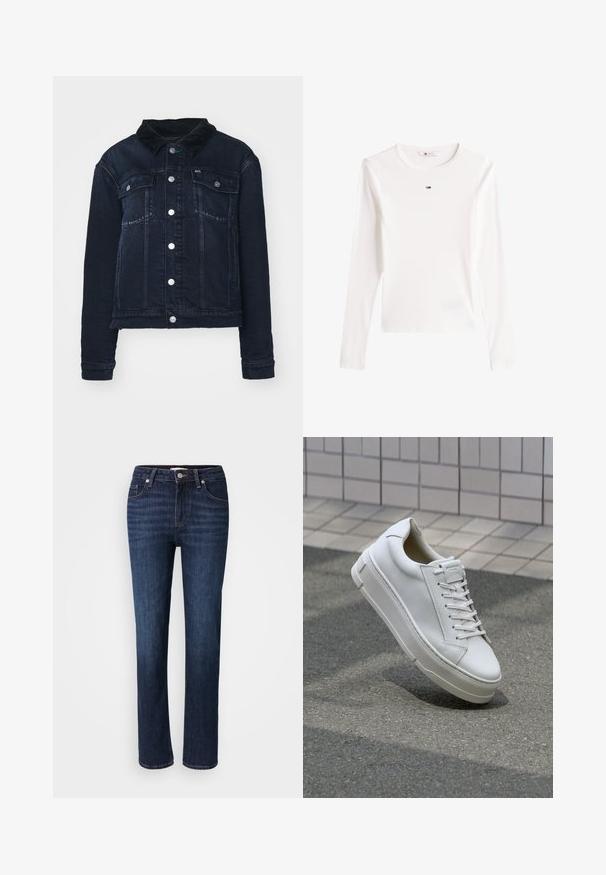 Mørk denimjakke med en kordfløjlskrave, der har sølvfarvede trykknapper, forlommer og et cropped design. Glat tekstur med let udtværing.; Hvid langærmet ribstrikket T-shirt med rund hals og et lille rektangulært rødt, hvidt og blåt logo centreret nær kraven.; Mørkeblå denimjeans med lige ben, forlommer og knaplukning i taljen. Glat tekstur med diskrete syninger.; Hvide lædersneakers med lavt design, flade snører, rund tå og strukturerede sider. Tyk gummisål med diskrete detaljer.