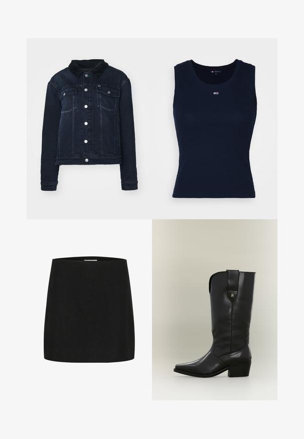 Mørk denimjakke med en kordfløjlskrave, der har sølvfarvede trykknapper, forlommer og et cropped design. Glat tekstur med let udtværing.; Mørkeblå bomulds tanktop med ribbet struktur, rund halsudskæring og et lille broderet logo på brystet. Let og tætsiddende design.; Sort mini-skjorte lavet af tekstureret stof, med en simpel, lige skæring uden synlige udsmykninger eller mønstre.; Høj sort læder cowboystøvle med spids tå, kraftig hæl og trækstrop med lille gyldent logo.