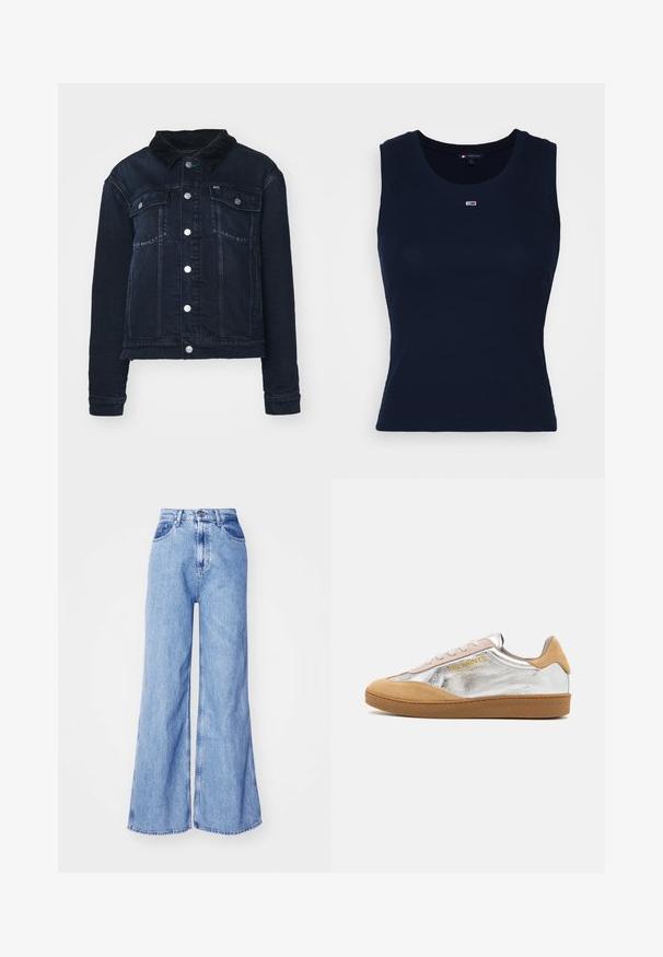 Donkerdenim jack met een corduroy kraag, voorzien van zilveren drukknoopjes, voorkruiken en een kort ontwerp. Soepele textuur met subtiele vervaging.; Marineblauwe katoenen tanktop met een geribbelde textuur, ronde halslijn en een klein geborduurd logo op de borst. Lichtgewicht en aangesloten ontwerp.; Lichtblauwe wijde denim jeans met een hoge taille, voorzakken en gestikte naden. De stof heeft een lichte textuur die typisch is voor denim.; Zilveren en tan suède sneakers met een gestructureerde rubberen zool, beige veters en een gele logo-print aan de zijkant.