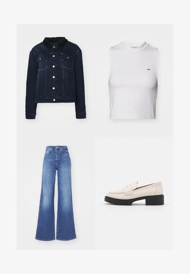 Donkerdenim jack met een corduroy kraag, voorzien van zilveren drukknoopjes, voorkruiken en een kort ontwerp. Soepele textuur met subtiele vervaging.; Witte cropped tanktop met een hoge halslijn, gemaakt van zachte katoen, met een klein klassiek logo op de linkerkant van de borst. Minimalistisch design.; Brede blauwe denim jeans met een hoge taille, met een ver-sleten detail bij de knie en een gladde textuur. Klassiek vijf-pocket ontwerp.; Lichtbeige leren loafers met een gestikte voorkant en een textuur met een zwarte plateauhak. Beschikt over een gebogen ontwerp en een lichte verhoging.