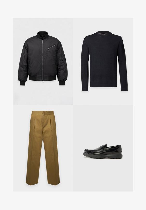 Blouson bomber noir avec col, poignets et ourlet côtelés, fermeture éclair devant, poche poitrine zippée et poche zippée sur la manche gauche.; Pull noir à manches longues avec col rond, motif texturé subtil, poignets et ourlet côtelés, présenté sur un fond uni gris clair.; Pantalon taille haute vert olive avec plis devant, jambes larges et droites, et fermeture avant dissimulée.; Mocassin en cuir noir avec une finition brillante, bout arrondi, détails de couture subtils et semelle en caoutchouc épaisse pour la durabilité.