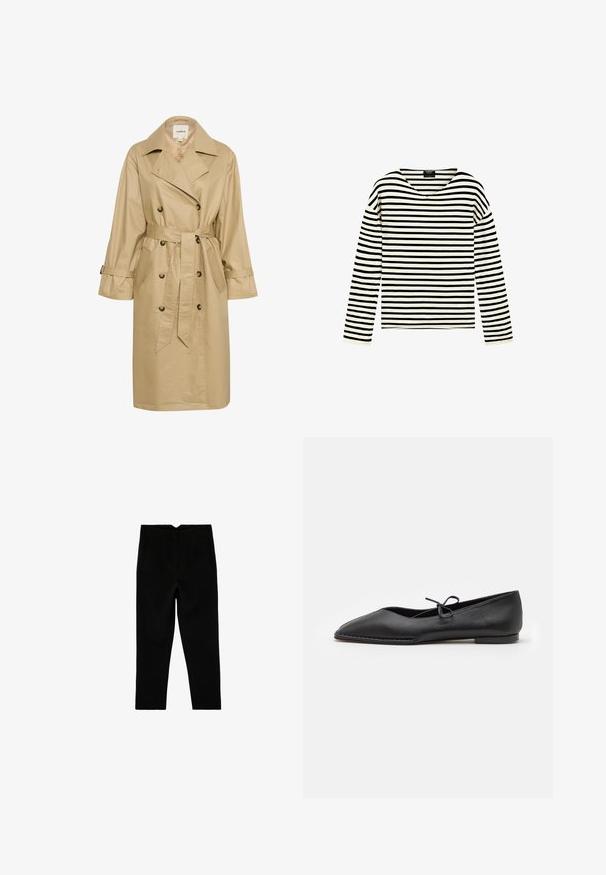 Beige trench coat lavet af glat, letvægtsstof. Har en dobbeltknaplukning foran, sidelommer og et bundet taljebælte.; Langærmet skjorte med sorte og hvide vandrette striber og V-hals krave, vist på en ensfarvet hvid baggrund.; Sorte skræddersyede ankelkorte bukser med sidelommer og let tilspidset ben, vist fladt på en hvid baggrund.; ALOHAS SWAY - Ballerinasko - black