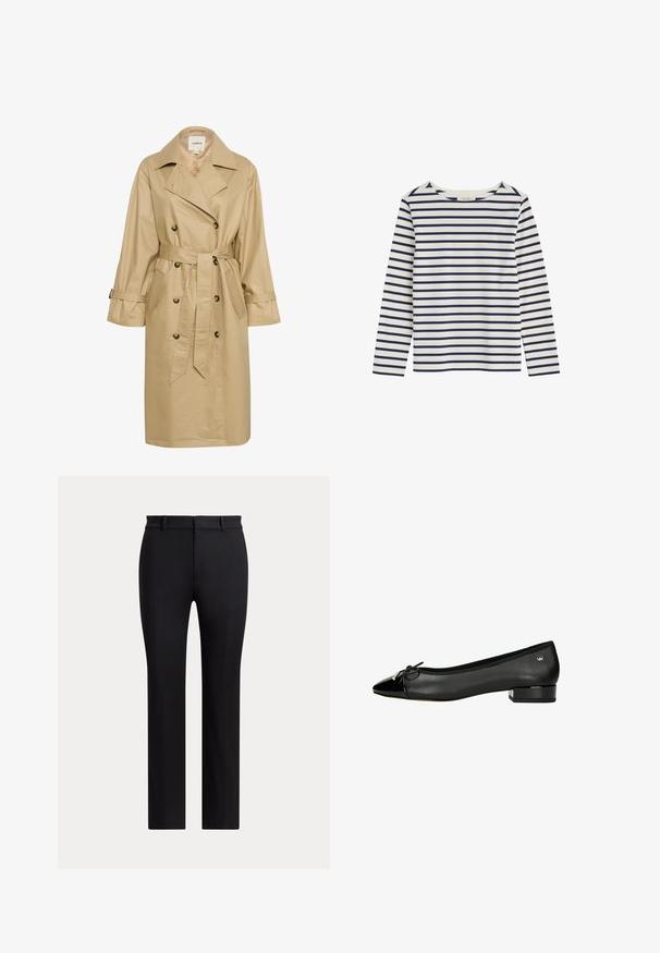 Manteau trench beige en tissu lisse et léger. Doté d'un devant double boutonnage, de poches latérales et d'une ceinture à nouer à la taille.; Chemise blanche à manches longues avec des rayures horizontales bleu marine et un col rond, étalée à plat sur un fond blanc.; Pantalon noir à jambes droites avec passants de ceinture et coupe slim, présenté sur un fond clair uni.; Ballerines noires avec un bout pointu, en cuir, accent en cuir verni au niveau du bout, et un petit talon carré. Présente un détail en forme de nœud.