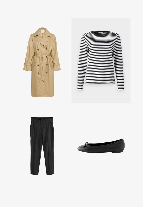 Manteau trench beige en tissu lisse et léger. Doté d'un devant double boutonnage, de poches latérales et d'une ceinture à nouer à la taille.; Chemise à manches longues rayée noir et blanc, avec un col rond vert. Tissu doux avec une coupe régulière et un ourlet droit.; Pantalons noirs au toucher lisse, avec des poches zippées à l'avant et des plis distincts. Design minimaliste avec une coupe ajustée.; Ballerines en cuir noir avec un bout rond et une semelle plate, ornées d'un accent de nœud décoratif à l'avant. Texture lisse sur l'ensemble.