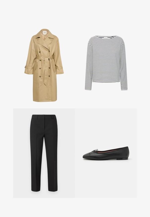 Manteau trench beige en tissu lisse et léger. Doté d'un devant double boutonnage, de poches latérales et d'une ceinture à nouer à la taille.; T-shirt à manches longues avec un décolleté bateau, fabriqué en tissu doux avec des stripes horizontaux bleu marine et blanc. Coupe droite et détails minimaux.; Pantalon noir sur mesure avec une coupe droite, taille plate et sans ornements visibles. Fabriqué dans un tissu lisse avec une finition nette.; Ballerines en cuir noir avec un bout arrondi, détail de nœud à l'avant et un talon bas et plat. Texture lisse et design épuré.