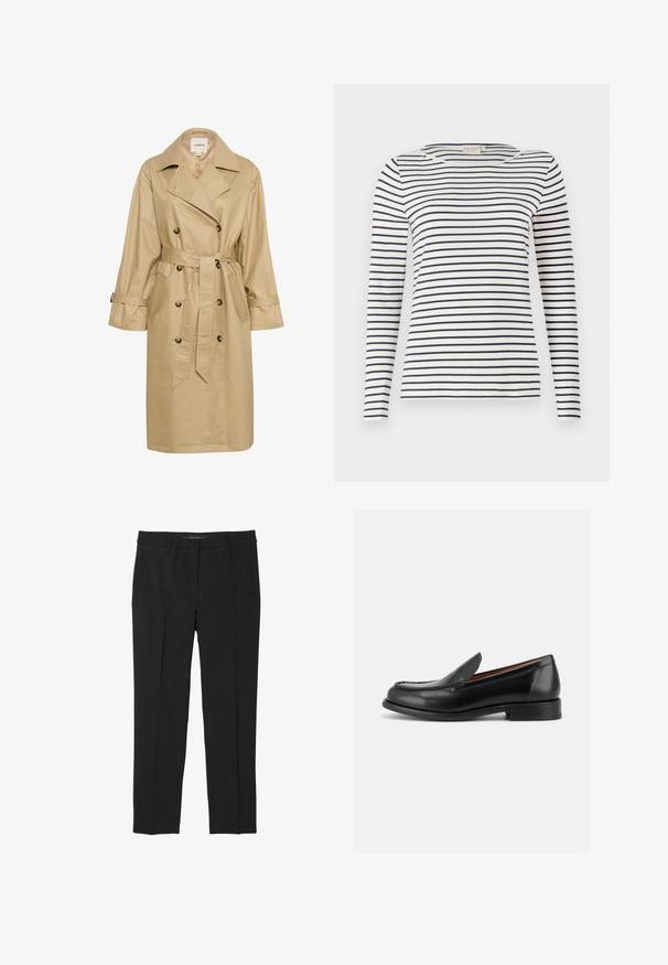 Beige trench coat lavet af glat, letvægtsstof. Har en dobbeltknaplukning foran, sidelommer og et bundet taljebælte.; Langærmet stribet skjorte lavet af blødt stof, med marineblå og hvide vandrette striber, rund halsudskæring og en slim-fit design.; Sort bukser lavet af glat stof, med lige ben, frontlommer og en flad talje med ingen synlige lukninger.; Sort læderrutsko med lav hæl, rundet tå og mokkasin-syning på toppen, vist fra ydersiden.