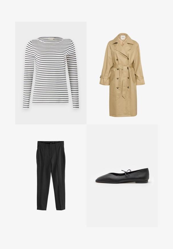 Beige trench coat lavet af glat, letvægtsstof. Har en dobbeltknaplukning foran, sidelommer og et bundet taljebælte.; Langærmet stribet skjorte lavet af blødt stof, med marineblå og hvide vandrette striber, rund halsudskæring og en slim-fit design.; Sorte bukser med en glat tekstur, udstyret med lommer med lynlås foran og udtryksfulde folder. Minimalistisk design med en skræddersyet pasform.; ALOHAS SWAY - Ballerinasko - black