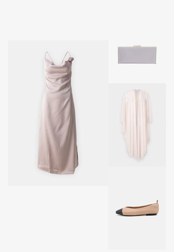Lang, flydende bleg rosa åben cardigan med brede ærmer og asymmetrisk kant, vist mod en hvid baggrund.; Satin sundress i lys pink med tynde stropper og en draperet halsudskæring, prydet med en roseaccent på venstre skulder.; Læderballetflade med en nude farve og sort tætsko. Har et minimalistisk design, glat tekstur og en lille bagløkke for nem påføring.; Rektangulær lavendel clutch lavet af tekstureret materiale med glatte kanter. Har en sølv spænde lukning på toppen.
