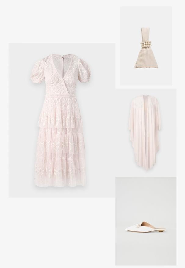 Cárdigan largo, fluido, de color rosa pálido con apertura frontal, mangas anchas y dobladillo asimétrico, mostrado sobre un fondo blanco.; Vestido rosa de capas con mangas abullonadas, escote en V y delicados bordados florales. Elaborado con una tela texturada y ligera. Cremallera en la parte posterior.; Mules planos blancos con punta afilada, con un detalle circular de perlas y herrajes dorados. Material suave con un diseño minimalista.; Pequeño bolso beige plisado con un asa anudada y tres pulseras de cuentas redondas envueltas alrededor del centro.