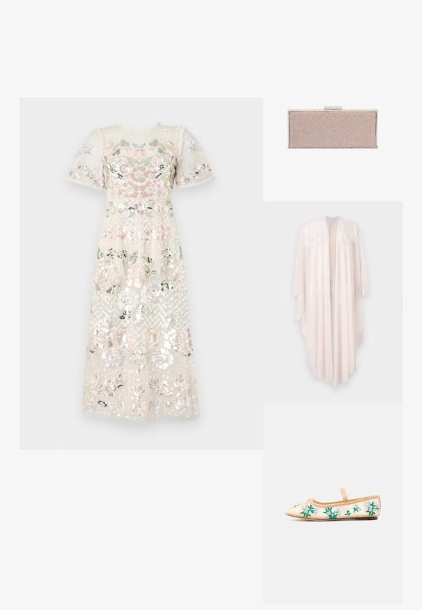 Langer, fließender hellrosa Cardigan mit offenem Vorderteil, weiten Ärmeln und asymmetrischem Saum, vor weißem Hintergrund dargestellt.; Kleid aus transparentem, paillettenbesetztem Stoff mit floralen Stickereien in Pastellfarben. Kurze Puffärmel und runder Ausschnitt. Midi-Länge.; Beige Ballerina-Flachschuh mit spitzer Zehe, einem Riemen und grüner sowie hellblauer Blumenstickerei auf durchsichtigen Seiten.; Roségoldfarbene metallische Clutch mit glatter Oberfläche, verziert mit schimmernden Perlen, rechteckiger Form und einem silbernen Verschluss.