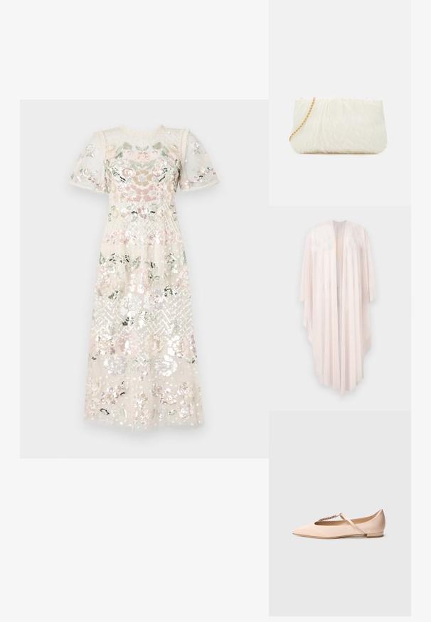 Langer, fließender hellrosa Cardigan mit offenem Vorderteil, weiten Ärmeln und asymmetrischem Saum, vor weißem Hintergrund dargestellt.; Kleid aus transparentem, paillettenbesetztem Stoff mit floralen Stickereien in Pastellfarben. Kurze Puffärmel und runder Ausschnitt. Midi-Länge.; Hellrosa flacher Schuh mit spitz zulaufender Zehenpartie, aus Satinmaterial, verziert mit einem mit Juwelen besetzten Riemen über dem Rist, niedriger Absatz.; Weiße, strukturierte Clutch mit einem gerafften Design, ausgestattet mit einem goldenen Kettenriemen. Glatte Oberfläche mit subtilen Wellen und abgerundeten Kanten.