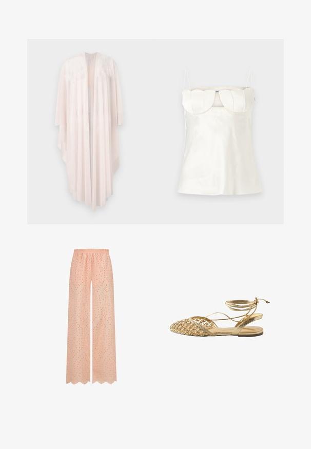 Lange, vloeiende lichtroze opengewerkte cardigan met brede mouwen en een asymmetrische zoom, getoond tegen een witte achtergrond.; Witte satijnen camisole met verstelbare bandjes, een gestructureerde, gegolfde buste en een rechte zoom. Gladde textuur en minimalistisch ontwerp.; Lichtroze wijde broek met een elastische tailleband, voorzien van een decoratief geborduurd patroon en uitsnijdingen in de stof.; Platte gouden sandaal met geweven puntige neus, open zijkanten, enkelbindingen en een lage hak.