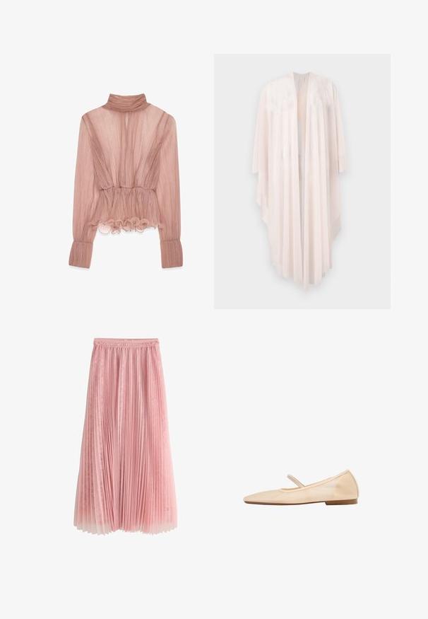 Lang, flydende bleg rosa åben cardigan med brede ærmer og asymmetrisk kant, vist mod en hvid baggrund.; Lyserød plisseret bluse med høj krave, flæset kant og lange ærmer, der har tekstureret stof og en tætsiddende talje.; Rosa plisseret midi-nederdel med et lag af blonder under og en rynket talje, vist på en hvid baggrund.; Beige flad balletsko med rundet tå, en tynd rem over vristen og en lille hæl.