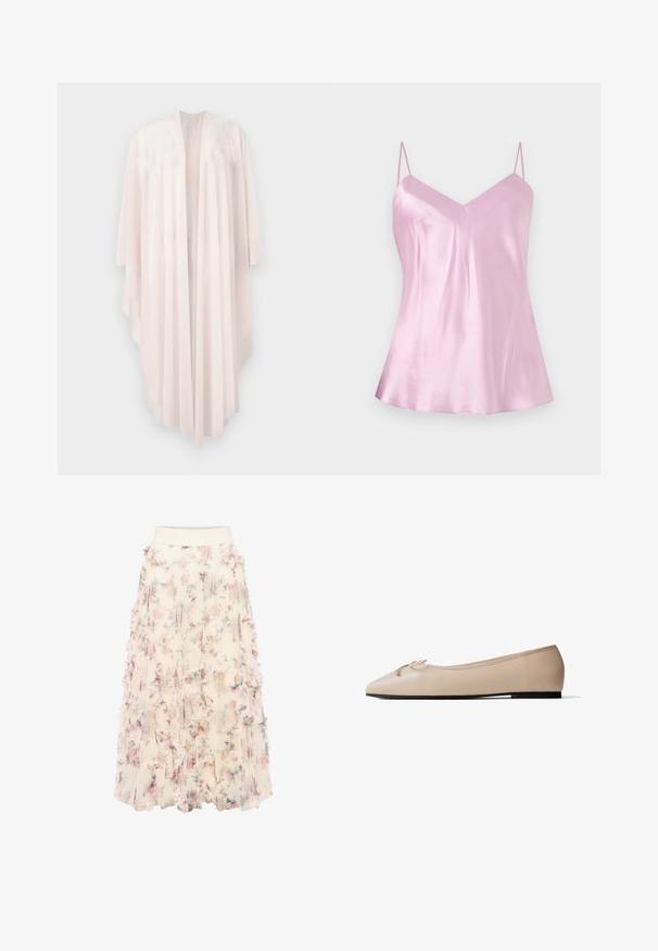 Cardigan long et fluide rose pâle, à ouverture frontale, manches larges et ourlet asymétrique, présenté sur fond blanc.; Camisole en satin rose clair avec fines bretelles spaghetti réglables et un léger décolleté en V, présenté sur un fond blanc uni.; zero MIT BLUMENPRINT - Jupe trapèze - cream pink; Chaussure de ballet plate beige avec bout pointu, petit détail de nœud sur le dessus et semelle basse noire, vue de profil sur fond blanc.