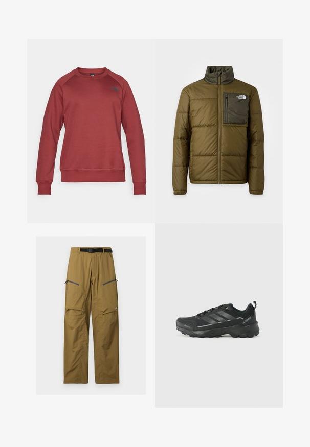 Veste matelassée vert olive avec un col haut, une fermeture éclair complète à l'avant et une poche poitrine zippée vert foncé avec le logo The North Face.; Pull rouge à col rond, avec de longues manches raglan, des poignets et un ourlet côtelés, ornés d'un logo noir sur le côté gauche. Tissu doux et texturé.; Pantalon de plein air kaki avec ceinture noire réglable, deux poches zippées sur les cuisses et coutures au niveau des genoux, présenté sur un fond uni.; Chaussure de sport noire avec un dessus en tissu texturé, trois rayures argentées, un orteil renforcé et une semelle en caoutchouc robuste pour une meilleure adhérence.